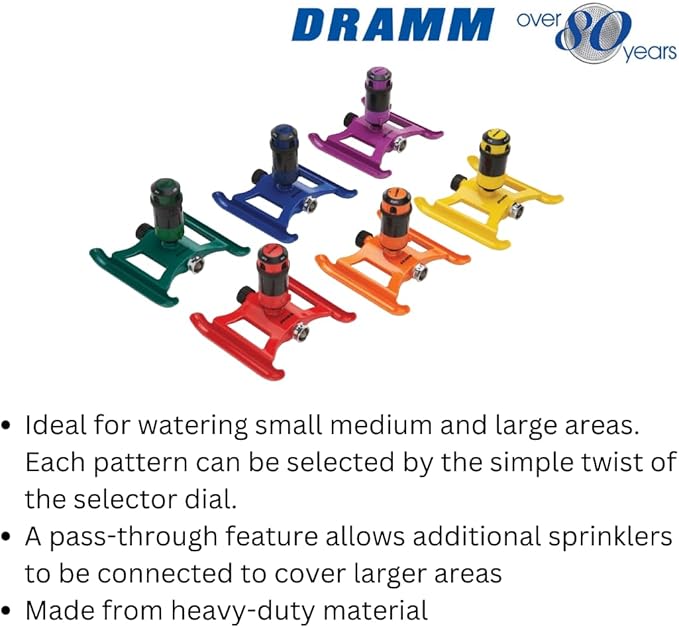 Dramm ColorStorm Gear Drive Sprinkler on Heavy Duty,Durable Metal Base, 4 Patterns, Ideal for Small, Medium & Large Areas with Pass Through Feature, Yellow, 40 Foot Diameter