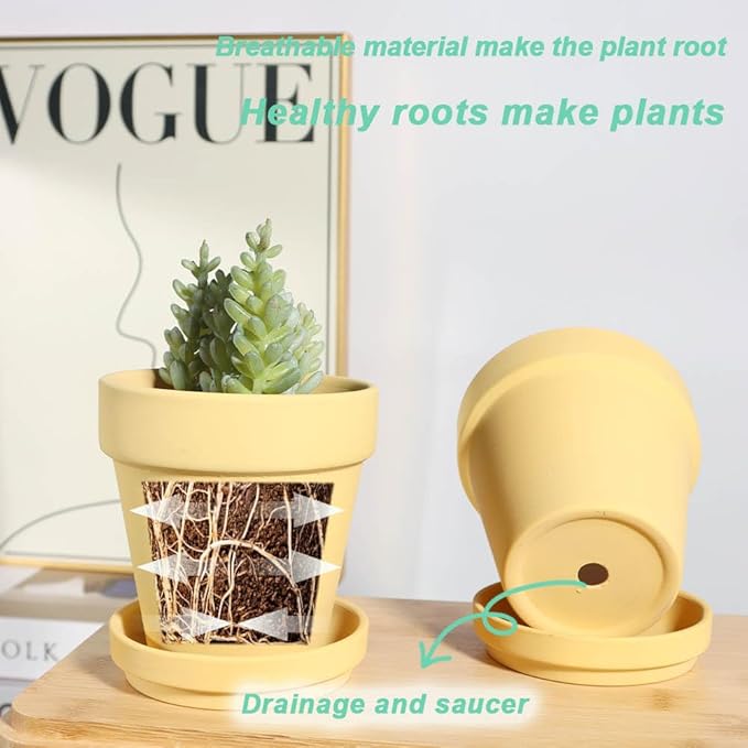 vensovo 4 Inch Small Yellow Terracotta Plant Pots with Saucer - 6 Pack Clay Flowerpots with Drainage, Great for Indoor Outdoor Plants, Crafts, Wedding Favor