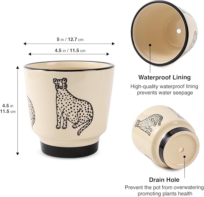 Indoor Ceramic Plant Pots with Drainage Holes 5 Inch Cute Succulent Flower Pots Small Orchid Planter Pots for Indoor Plants Garden Pots, Panther