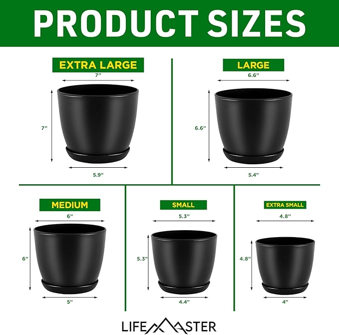 Plant Pots with Multi Drainage Holes - 10 Pieces Versatile, Sturdy Plastic, Stackable Design Home Decor Flower Pots for Indoor and Outdoor Gardening - Black