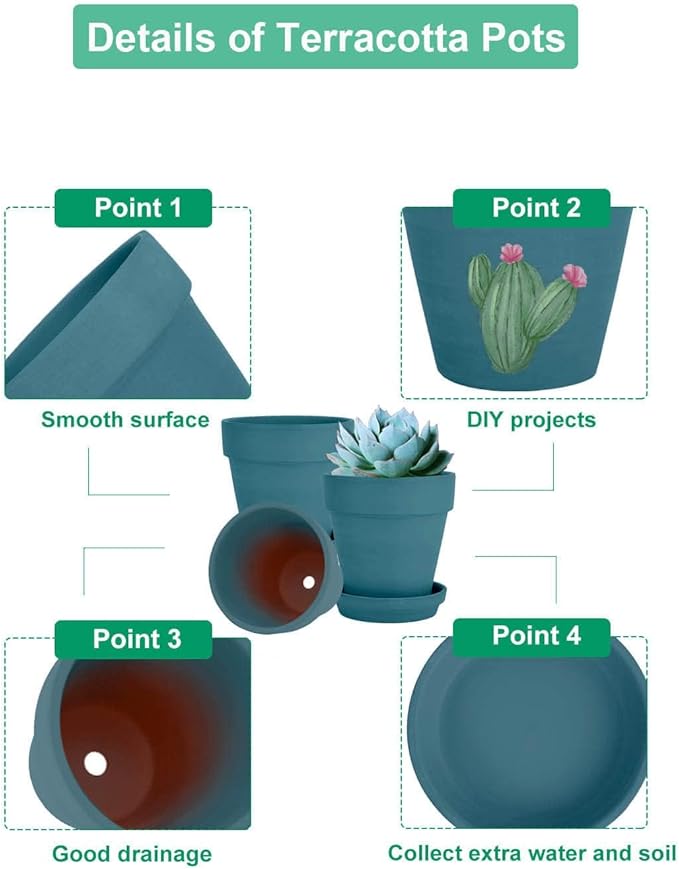 vensovo 4 Inch Small Steel Blue Terracotta Plant Pots with Saucer - 6 Pack Clay Flowerpots with Drainage, Great for Indoor Outdoor Plants, Crafts, Wedding Favor