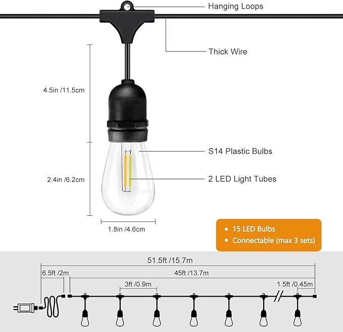 Voolex Outdoor String Lights 52FT Cold Light and Warm Light 2 Colors Changing Switch Waterproof 30V LED Bulbs Shatterproof with Remote Control for Party Patio Decoration Garden