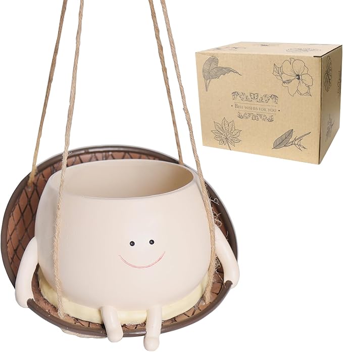 Hanging Swing Chair Planter Pot Smiley Face Planter for Indoor Outdoor Plant Cute Head Resin Flower Pots for String of Pearls Plant Live Unique Gift IdeaI for Mother Day, Christmas (Large)