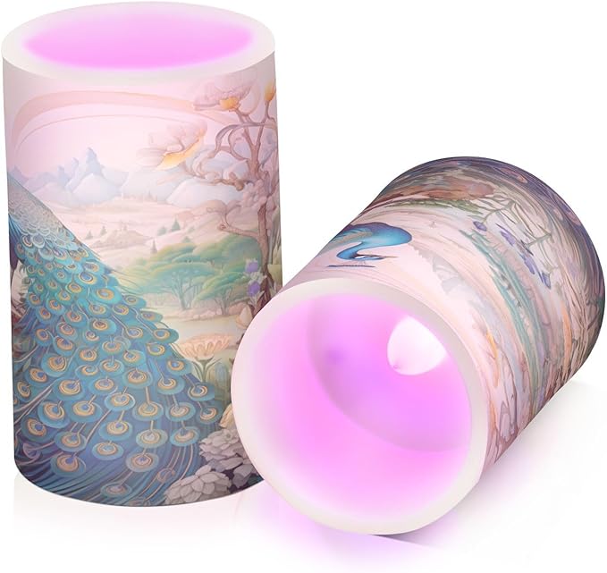 Flickering Flameless Candles, Peacock Garden LED Candles with Remote Timer, Set of 2 Battery Operated Candle for Valentine Wedding Birthday
