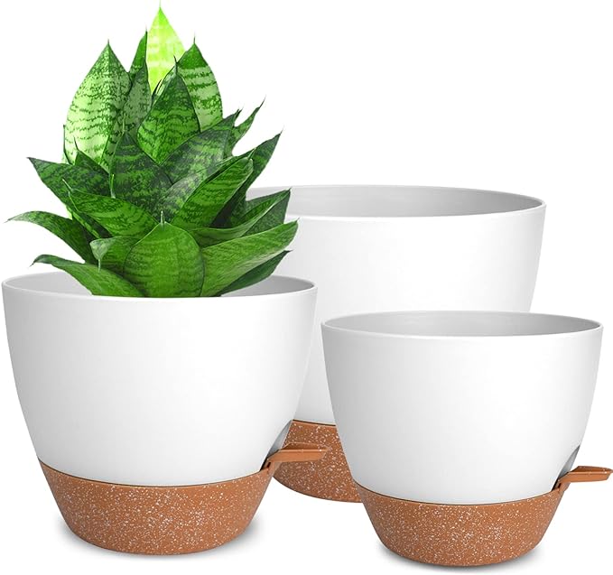 Planters for Indoor Plants, 10/9/8 Inch Self Watering Plant Pots with Drainage Hole, Plastic Planters Flower Pots for Indoor Outdoor Plants (White)