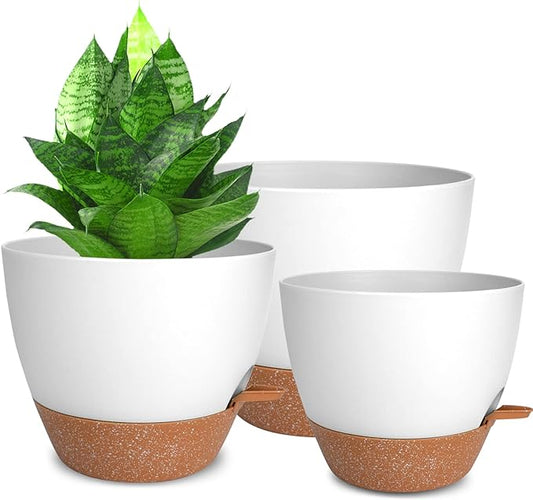 Planters for Indoor Plants, 10/9/8 Inch Self Watering Plant Pots with Drainage Hole, Plastic Planters Flower Pots for Indoor Outdoor Plants (White)