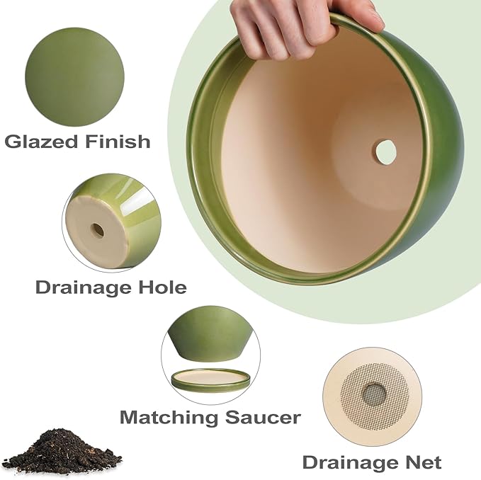 Ceramic Planters for Indoor Plants - 6 Inch Plant Pot with Drainage Hole and Saucer Round Modern Flower Pot Home Garden Patio Decor Green
