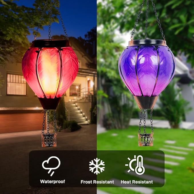 Starsoul Purple Hot Air Balloon Solar Lantern with Flickering Flame Light Glass Solar Powered Hot Air Balloon Lamp Waterproof Hanging Hot Air Balloon Led Lights
