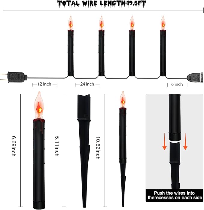 Halloween Pathway Lights Outdoor, 19.5Ft Halloween Pathway Marker String Lights with 10 C18 Flicker Flame Black Candles Stakes Lights Plug in Halloween Walkway Lights for Lawn Garden Sidewalk Driveway