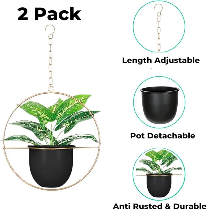 2 Pack Hanging Planters for Indoor Plants with 5.5" Pot + Ceiling Hook + Extender Chain | Hanging Plant Holder, Metal Minimalist Planter, NO Plant incld