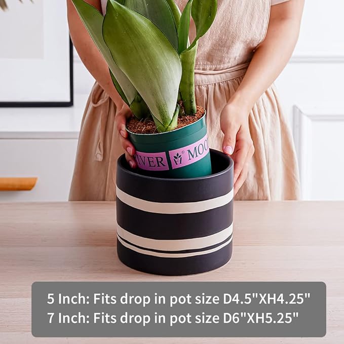 Nihow Modern Ceramic Plant Pot - 5 + 7 Inch Flower Pot for All Indoor Plants - Sturdy Planter Pots with Drainage Hole & Rubber Plugs - Semi-Matte Black & Nature - Plants Not Included