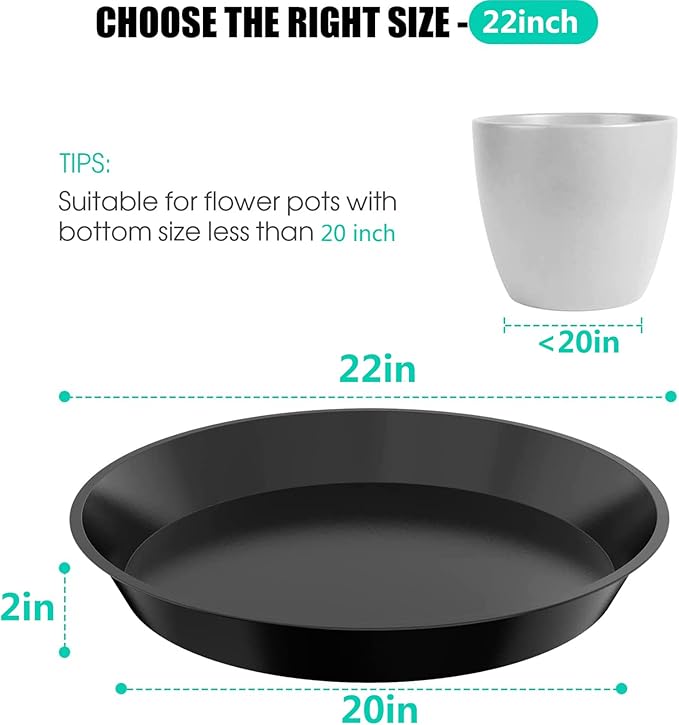 6 Pack Plant Saucer 12 14 16 18 20 22 Inch Plastic Plant Tray, Sturdy and Durable Flower Pot Container Accessories Plant Pot Saucers for Indoor and Outdoor (22 Inch, Black)