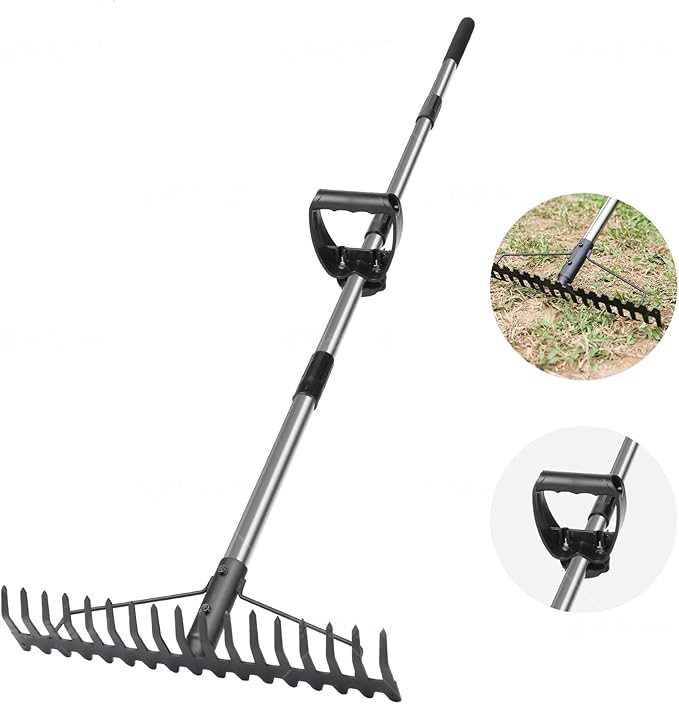 Bow Rake, Heavy Duty Garden Rake with Back-Saving Handle,17 Steel Tines Metal Head Rake Tool,for Loosening Soil Gathering Leaf Leveling Lawn Farming Land Management Yarn Thatch Rake
