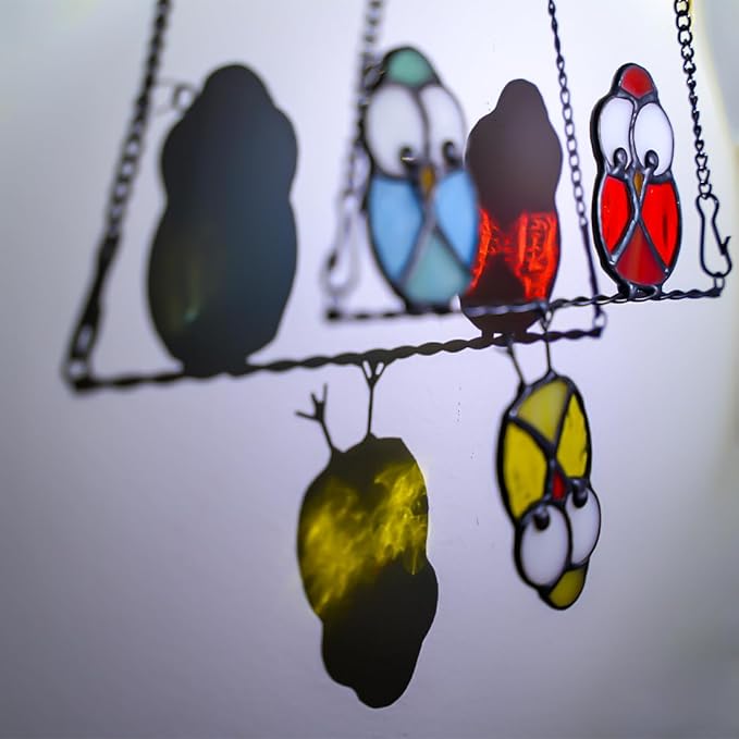 Owls Decor Stained Glass Suncatcher,Multicolor Owl Stained Glass Window Hangings,Bird Suncatchers Deocr for Door Room,Owl Gifts for Mom,Grandma,Bird Gifts for Bird Lovers Women