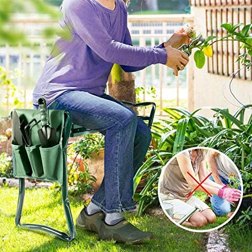 Garden Kneeler Seat Folding Stool Work Seat Flower Planting Grass Belt Tool Bag Camping Outdoor Portable Garden Stool Garden Kneeler with 1 Bonus Tool Pouches (23.5"x19.3", Green)