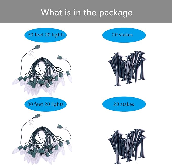 C9 Christmas Pathway Lights with Stakes,Cold White,2 Pack Total 60 Ft 40 Strawberry LED Bulbs,Connectable Shatterproof Outdoor Lights Marker for Xmas Yard Garden Path Lawn Walkway Sidewalk