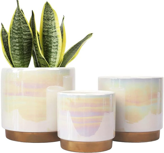 Gepege White Indoor Pots for Plants, Ceramic Planter with Drainage Hole, 6.0 inch+5.0 Inch+4.0 Inch. Succulent Orchid Flower Pot - Rainbow Pearl Glaze