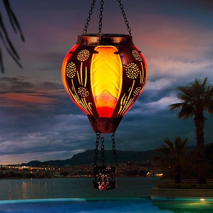 Hanging Hot Air Balloon Solar Lantern Waterproof, Solar Hot Air Balloon Lights with Flame Outdoor Garden Yard Patio Decor, Dandelion Colorful Lanterns Gifts for Mom