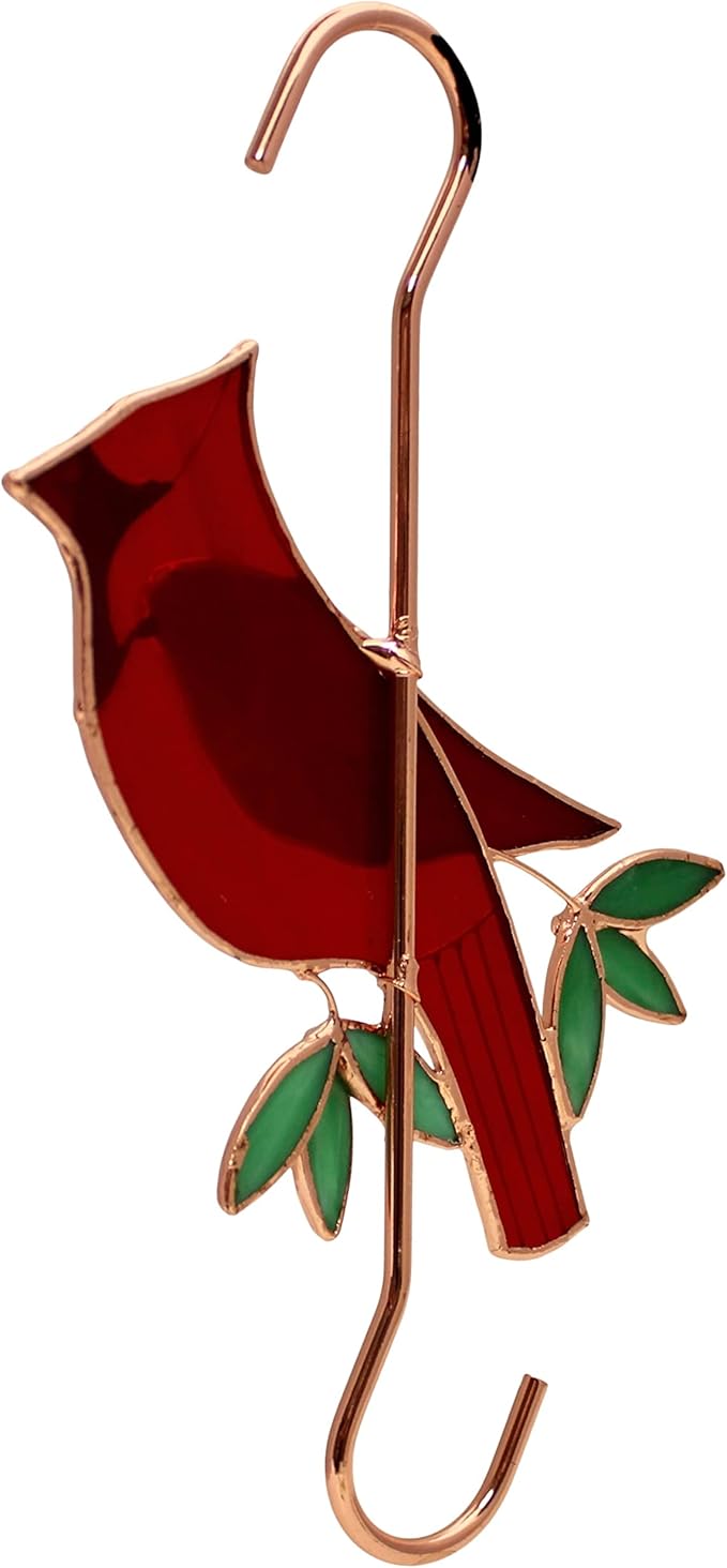 Stained Glass Hanging Plant Hook - Red Cardinal Sun Catcher with Copper S Hooks Top and Bottom for Indoor and Outdoor Use