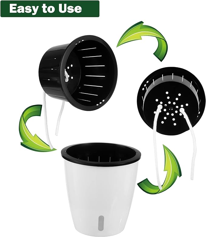 Planterhoma 5 Inch Self Watering Pots for Indoor Plants, 6 Packs White African Violet Pots with Water Indicator and Black Wick Pots, Self Watering Planters for Devil's Ivy, Indoor Plant Pots