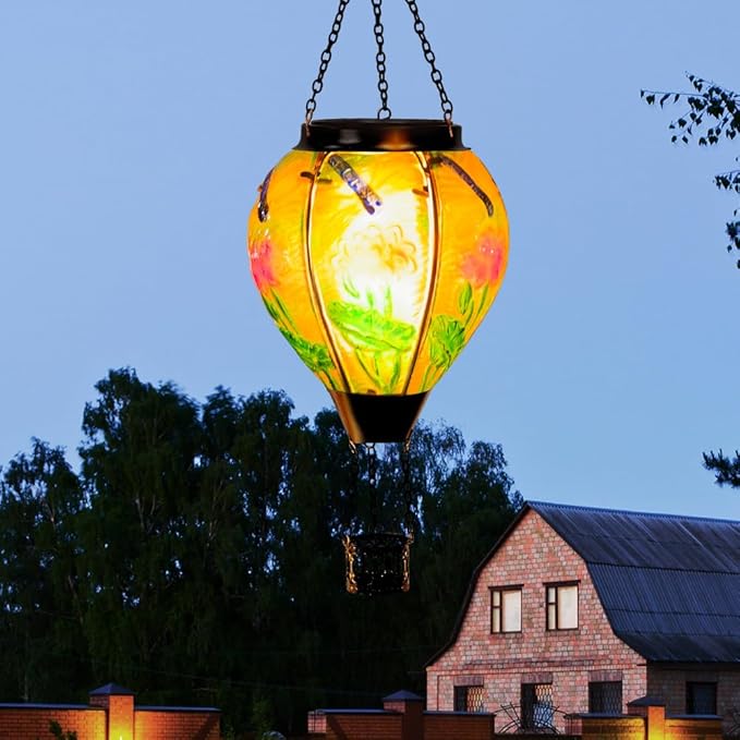 Starsoul Starsoul Dragonfly Hot Air Balloon Solar Lantern Glass Outdoor Hanging Hot Air Balloon Solar Flickering Flame Light Waterproof Garden Patio Yard Party Decorations