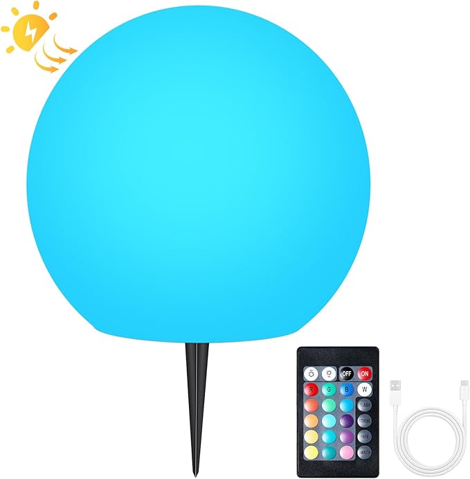 LOFTEK Solar Ball Lights with Ground Stake, RGBW Colors Changing Mood IP65 Waterproof Rechargeable Night Lights - Outdoor Solar Lights for Lawn Patio Yard Walkway, 8-inch