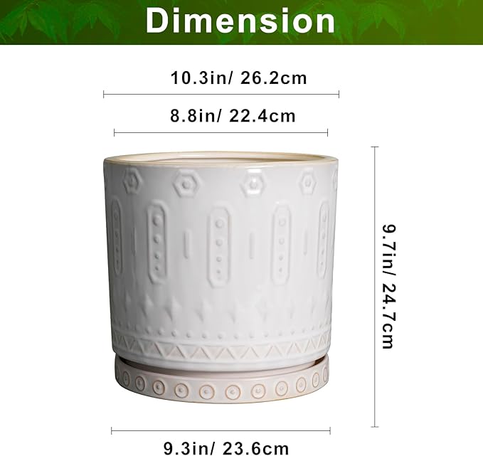 Ceramic Planter Pot - 10 Inch Plant Pot for Indoor Outdoor Plants Round Large Flower Pot with Drainage Holes and Saucer for Home Garden Patio Decor White