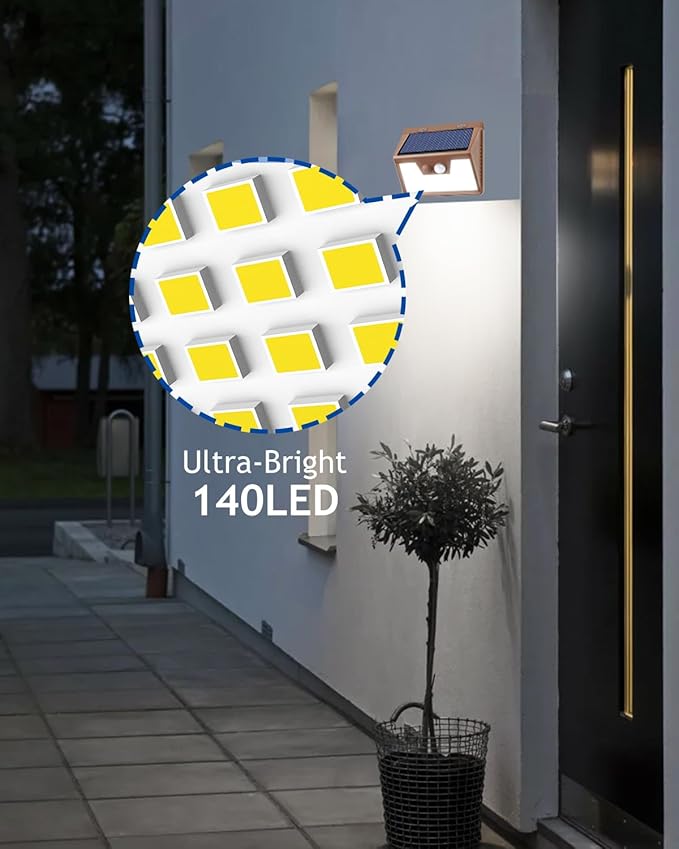 Peasur Solar Lights Outdoor Motion Sensor [6 Pack/140LED/Brown], Ultra-Bright 3 Mode Fence Security Light Waterproof, Solar Wall Lighting for Patio Yard Step House Outside