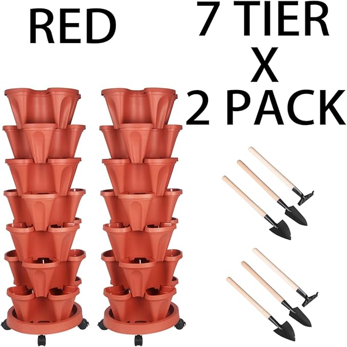Vertical Planter 7 Tier Stackable Planters Garden Planters Strawberry Herb Flower and Vegetable Planter Indoor Outdoor Gardening Pots with Removable Wheels and Tools 2-Pack