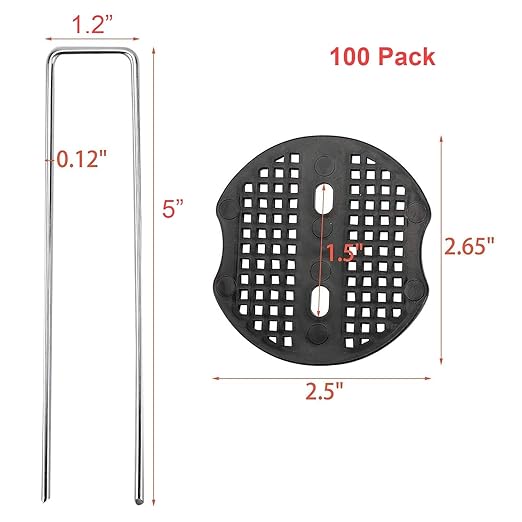 Finderomend 100 Pack Landscape Staples and 100 Pack Gaskets,11 Gauge 5" Galvanized Steel Garden Staples with Black Pads for Weed Barrier Grass