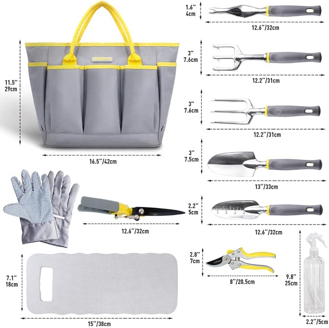 Jardineer 11PCS Gardening Tools Set, Garden Tool Kit with Outdoor Hand Tools, Unique Grass Shears, Garden Gloves, Storage Tote Bag and More, Garden Tools Set Gifts for Women and Men