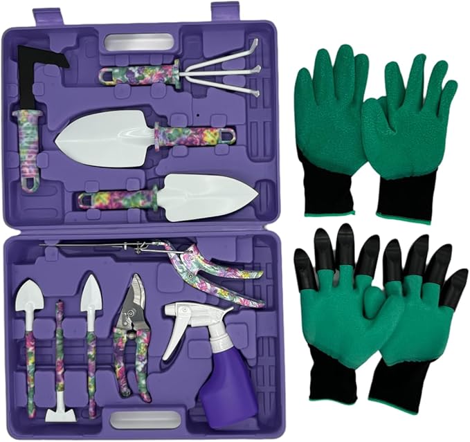 Garden Tool Set 15pcs, Potable Durable Gardening Tools Gift with Anti-Rust Shovel Shears Water Sprayer Digging Claw Gloves Store Case Ideal Gardening Set for Women Great Gift Purple