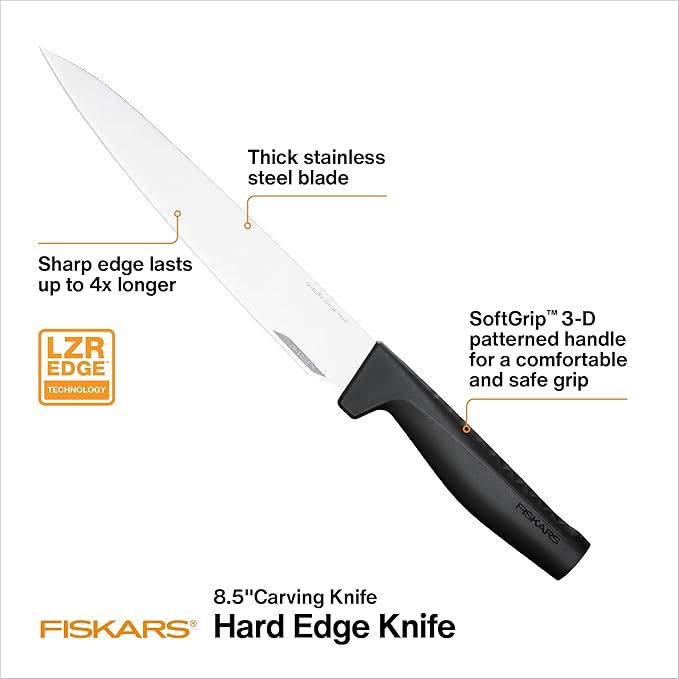 Fiskars Hard Edge 8.5" Carving Knife - Japanese Stainless Steel Blade Stays Sharp for Everyday Use - Non-Slip Handle for Effortless Cutting - Dishwasher Safe