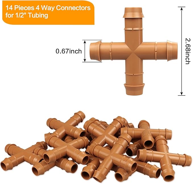 Drip Irrigation Fittings Barbed Cross Tee for 1/2" Irrigation Tubing(0.600" ID), 14 Pieces Barbed 4 Way Connectors, Drip Line 4 Way Couplings for Drip Sprinkler Garden Lawn Systems
