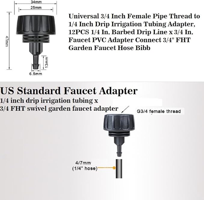 3/4 Inch Female Pipe Thread to 1/4 Inch Drip Irrigation Tubing Adapter: 12pcs 1/4 In. Barbed Drip Line x 3/4 In. Irrigation Hose Connectors 3/4" Garden Hose to 1/4" Drip Tubing Drip (1/4 Inch)