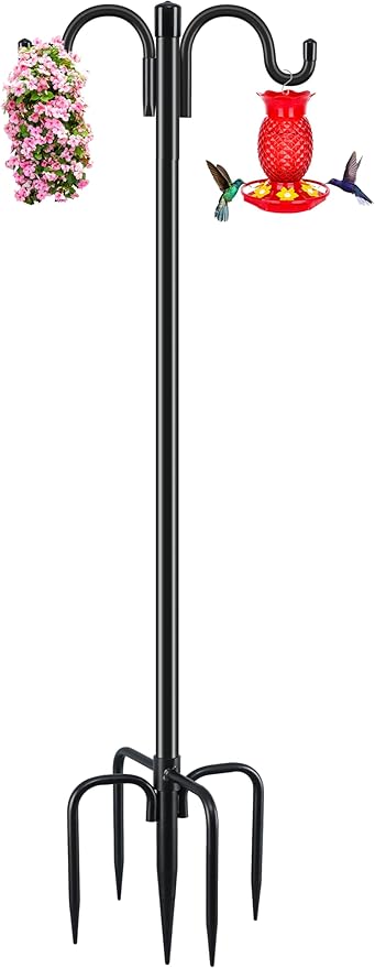 Gtongoko Double Shepherds Hook for Outdoor, 61.5 Inch Heavy Duty Bird Feeder Pole 3/4 Inch Thick Garden Hooks for Hanging Hummingbird Feeder, Plant Baskets, Solar Light Lanterns, 1 Pack