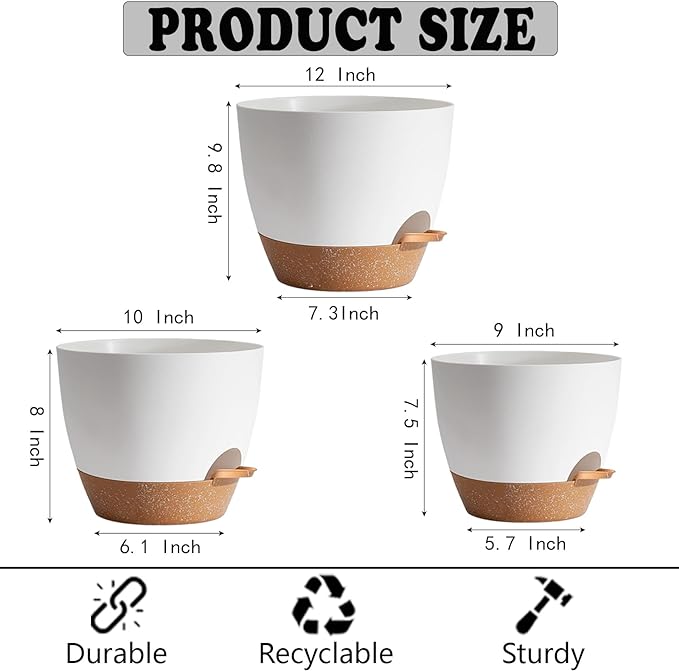 Plant Pots,12+10+9 Inch Self Watering Pots with Drainage Hole for Indoor Plants Large Flower Pot, Plants Pots Indoor Outdoor,Modern White Plastic Planters for Indoor Plants