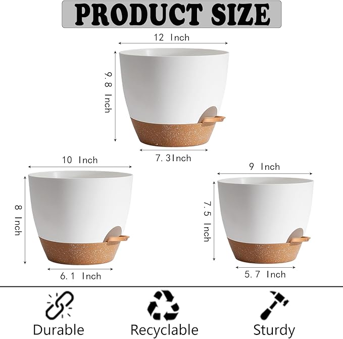 Plant Pots,12+10+9 Inch Self Watering Pots with Drainage Hole for Indoor Plants Large Flower Pot, Plants Pots Indoor Outdoor,Modern White Plastic Planters for Indoor Plants