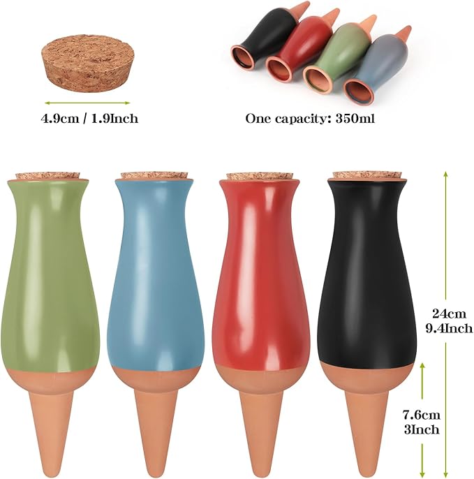 4 Pcs Plant Watering Globes, Self Watering Planter Insert, Clay Drip Irrigation Stake with Large Watering System, Plant Watering Device for 1 Week Easy to Refill, Self Watering Pots for Indoor Plants