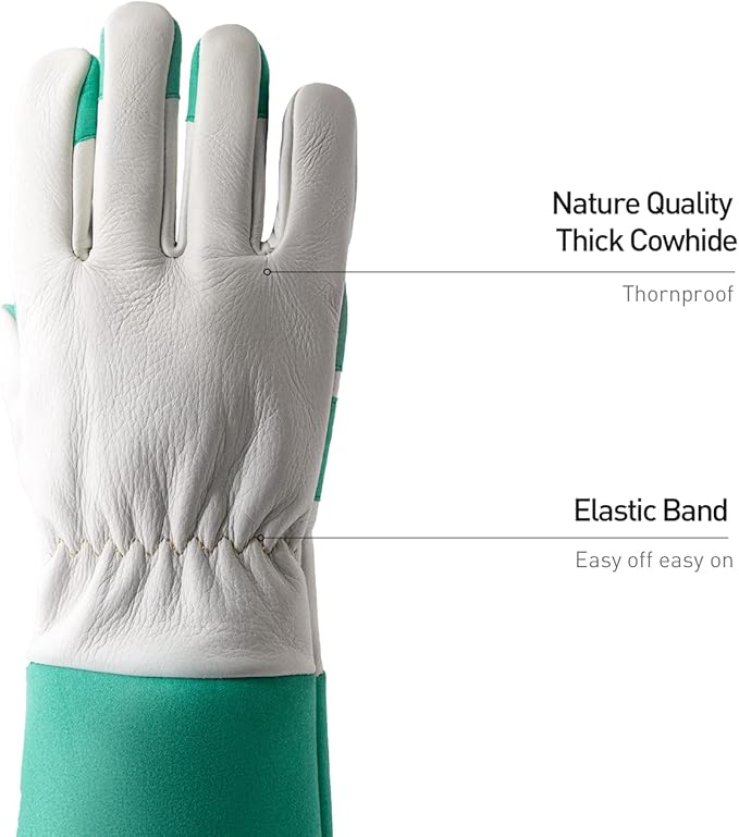 HANDLANDY Long Gardening Gloves for Men & Women, Thorn Proof Rose Pruning Gloves Leather Gauntlets Garden Gloves Yard Work Gloves (Small, Green)