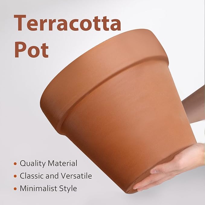 INGOFIN Terracotta Pot with Saucer - 12 Inch Ceramic Clay Pot for Plants with Drainage Hole, Terra Cotta Pot with Tray for Indoor Outdoor Plants