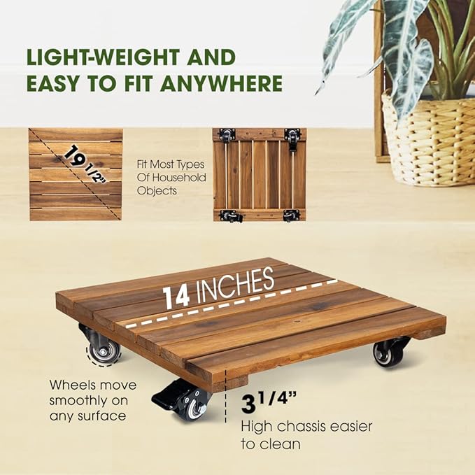 Idzo 2-Pack 14 Inch Wood Plant Caddy with Wheels Heavy Duty, 264 lbs Acacia Hardwood Plant Caster Dolly Rolling Stand with 360° Lockable Wheels for Heavy Plant Pots and Outdoor Use