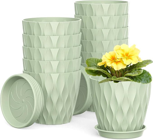 12 Pack 4 Inch Small Plant Pots with Saucers, 3D Textured Plastic Planters with Drainage Holes for Indoor and Outdoor Plants, Flowers, Herbs, Succulents, and Seedlings, Green