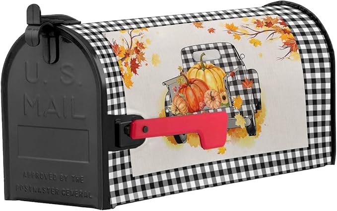 Magnetic Mailbox Cover Oversized 21"x25.5" Fall Black and White Buffalo Plaid Truck with Pumpkins Post Box Cover Mailbox Wraps Post Letter Box Cover for Holiday Garden Yard Outdoor Decor