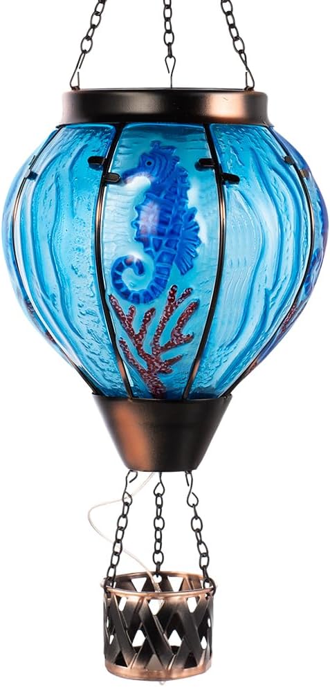 Seahorse Solar Hot Air Balloon Lantern with Flame Flickering Light,Glass Hot Air Balloon Solar Lanterns Outdoor Waterproof Hanging Outdoor Lights for Yard,Patio,Porch Garden Gift for Women