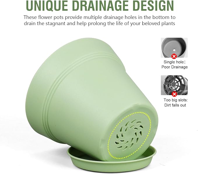 4 inch Small Plastic Nursery Pots, Seedling Pots, 16 Pack Plant Pots for Indoor Outdoor Plants, Flower Pots with Drainage Holes and Saucers, Decorative Planters for House Plants, Green