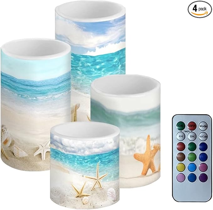 Flameless Candles Battery Powered with Multicolor Timer Remote Control Everlasting Fake Candles for Party Garden Indoor Outdoor Decor, Various Beach Starfish