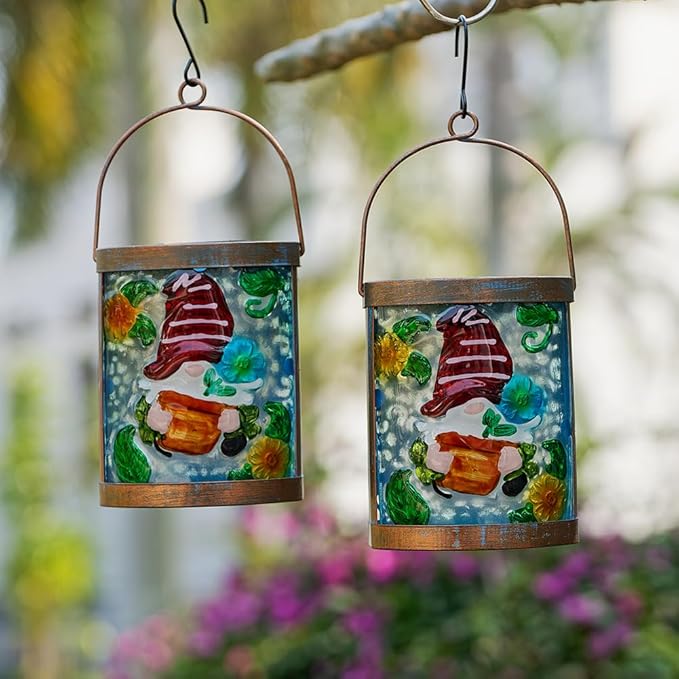 2 Pack Gnome Hanging Solar Lantern Decorative Glass LED Solar Lanterns Outdoor Waterproof for Garden Yard Patio