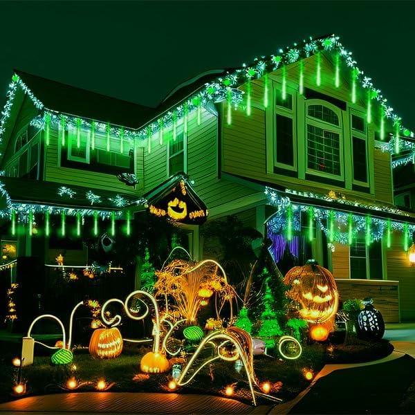 Green Christmas Lights Outdoor, 16 Inch Meteor Shower Lights for Halloween St Patricks Day Decorations, Green Icicle Lights for Outside Tree Holiday Porch Roof Yard Garden Decor