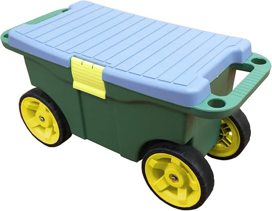 Torin AG594B Garden Cart Scooter and Seat: Garden Stool with Bench Seat and Interior Tool Tray, Rolling Storage for Weeding and Planting, Green/Blue/Black